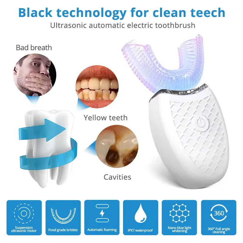 Electric Toothbrush Adults U Shaped Toothbrushes for Teeth Whitening 360° Mouth Cleansing Hands Free Gums Protection Waterproof Peaceful Pleasures Health and Wellness