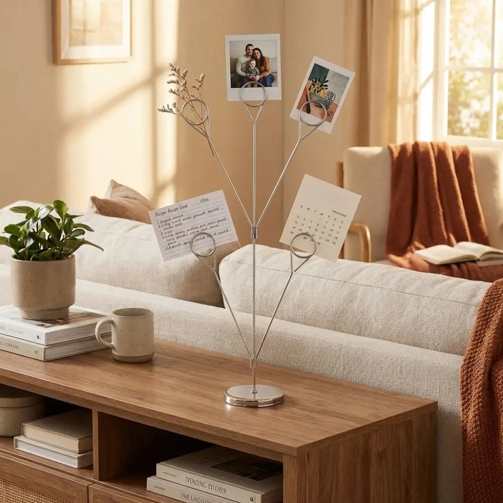 Stylish 5-Branch Photo Holder Round Base Picture Holder Memo Clip Stand Romantic Vertical Display Stand Wedding Table Peaceful Pleasures Health and Wellness