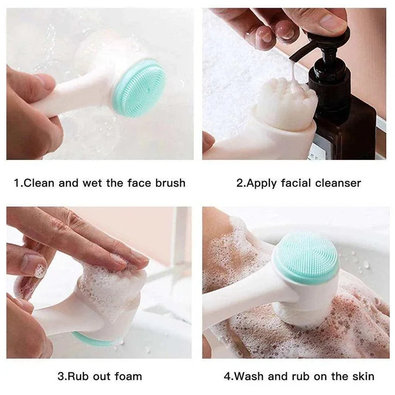 3D Double Silicone Facial Cleansing Brush Manual Massage Facial Brush Soft Bristles Exfoliator Double Sided Face Wash Brush Peaceful Pleasures Health and Wellness