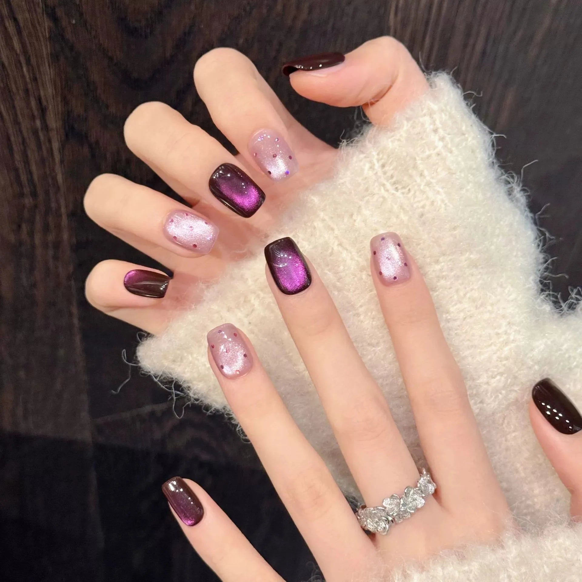 10pcs Handmade Elegant Purple Cat's Eye False Nails Press On Nails Light Luxury Ballet Fake Nails Wave Dot Designs Manicure Art Peaceful Pleasures Health and Wellness M