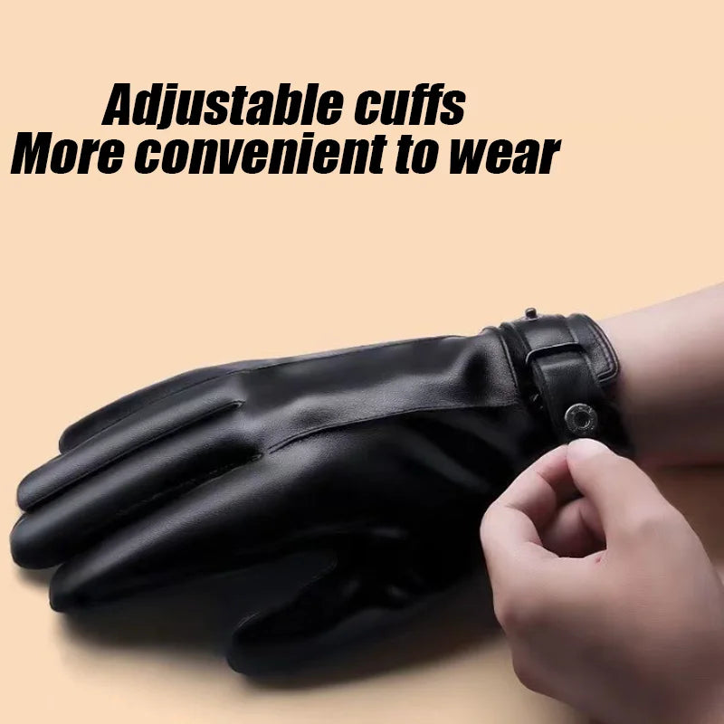 Autumn and Winter Black Gloves Men's One Pair PU Leather With Velvet Lining Gloves Waterproof for Motorcycle Riding Peaceful Pleasures Health and Wellness