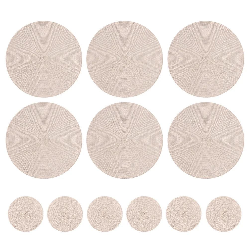 Set of 6 Round Braided Table Mat Washable Placemats Non Slip Heat Resistant for Kitchen Dining Tables Pad With 6Pc Cup Coasters Peaceful Pleasures Health and Wellness PP 33.5cm Beige 1 6 Mats 6 Coaster