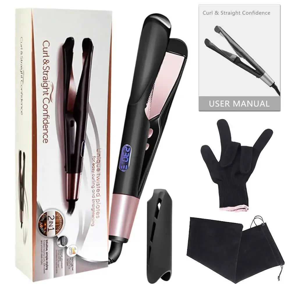 Hair Straightener And Curler 2 in 1 Ceramic Tourmaline Twist Straightening Curling Hair Styling Flat Iron Tool Dual Voltage Peaceful Pleasures Health and Wellness