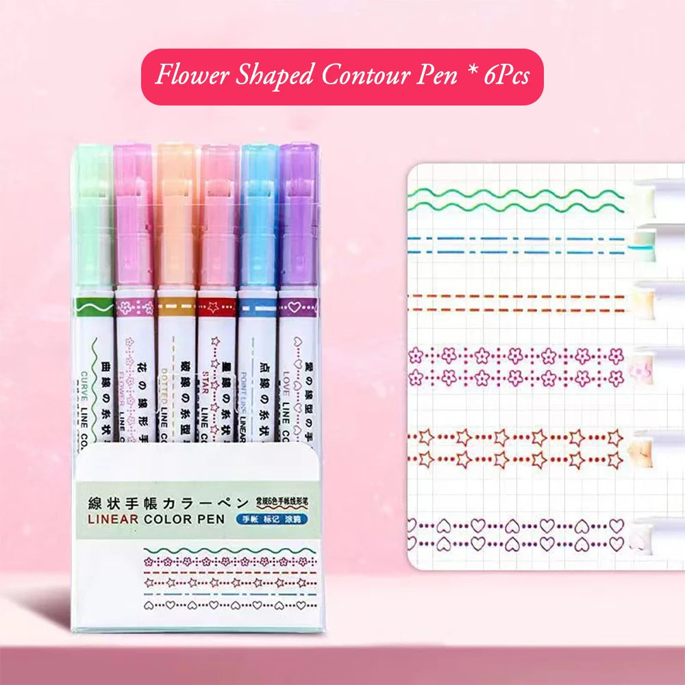 6Pcs/Set Flower Line Shape Highlighter Pen Roller Tip Curve Liner Marker Quick Dry Mark Notes Stationery School Office Supplies Peaceful Pleasures Health and Wellness