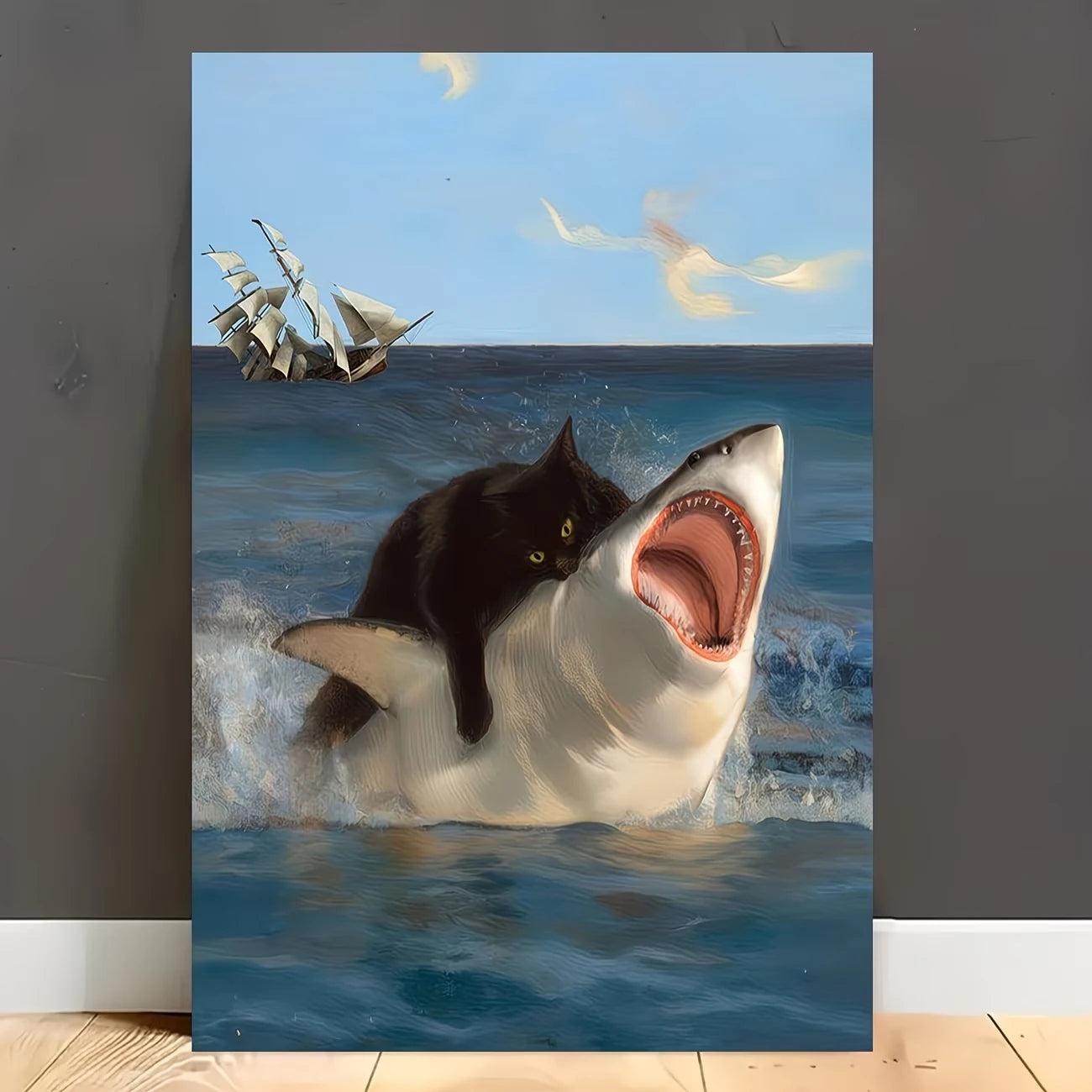 Modern Humorous Cat Shark In The Ocean Wall Art Print Canvas Painting Poster Picture For Living Room,Bedroom Home Decor Peaceful Pleasures Health and Wellness G4702 40x50cm Metal Framed