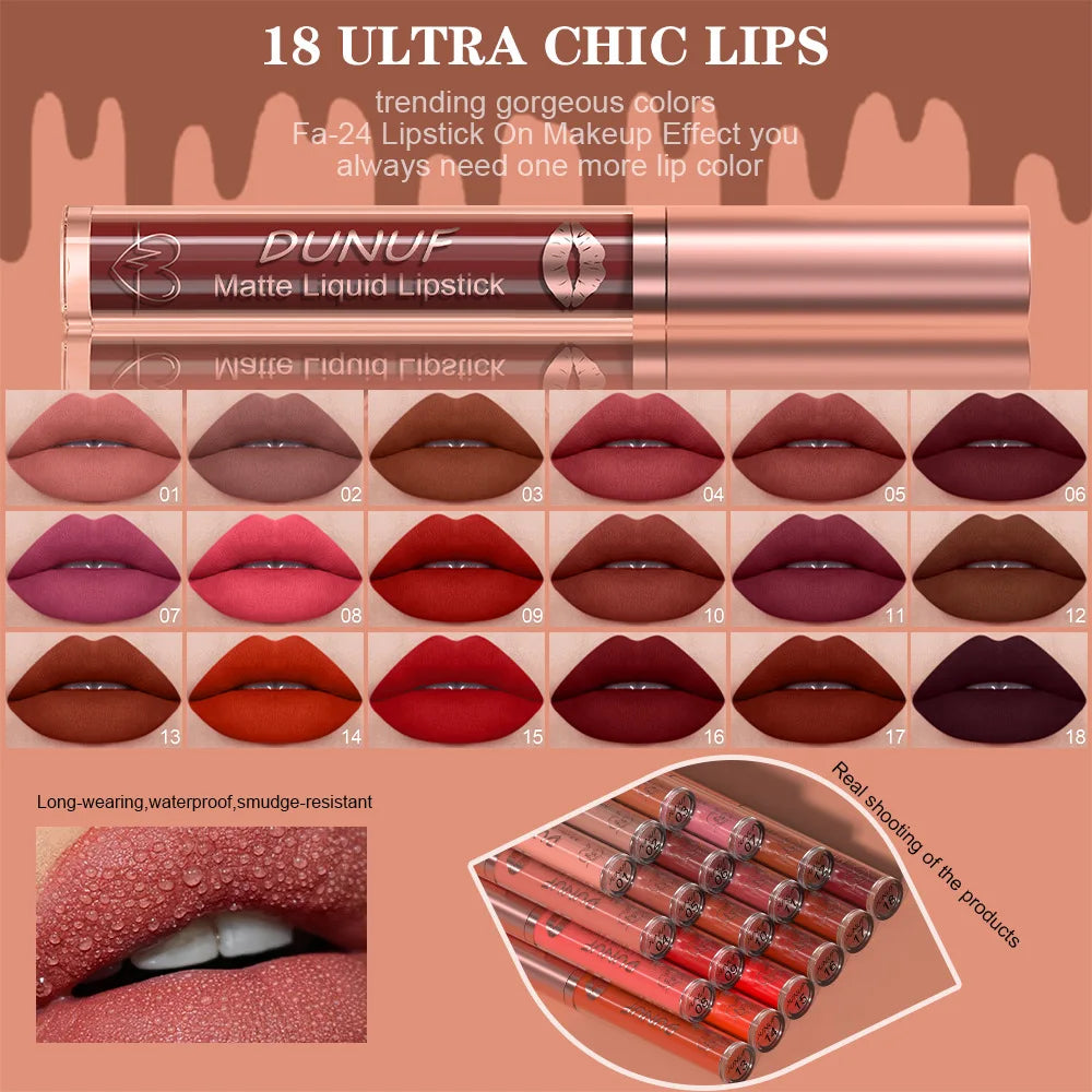 DUNUF 18-Color Matte Velvet Lipstick & Moisturizing Lip Gloss