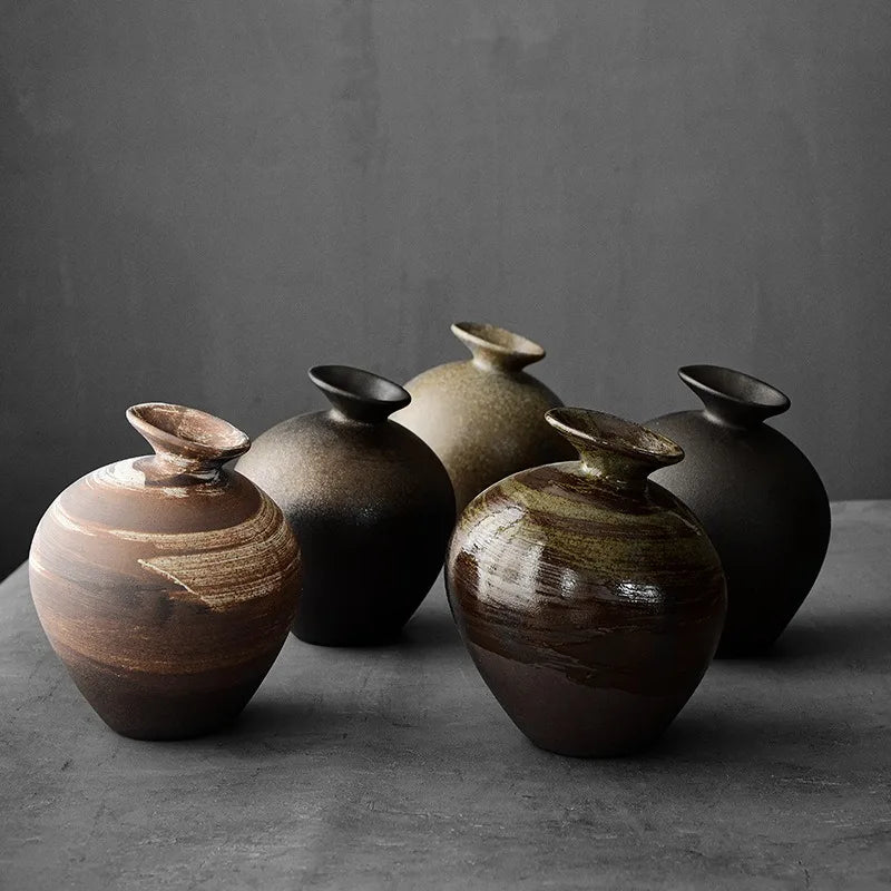 Black Terracotta Vase Imitation Stone Abstract Flower Arranger Table Top Vintage Ornament Living Room Flower Vase Japanese Style Peaceful Pleasures Health and Wellness