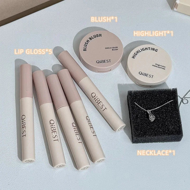 QIBEST Retro Mail Design Makeup Set 5pc Matte Lipgloss,1 Blush,1 Highlight And 1 Necklace Gift Multipurpose Cosmetics Kits New Peaceful Pleasures Health and Wellness Makeup Set