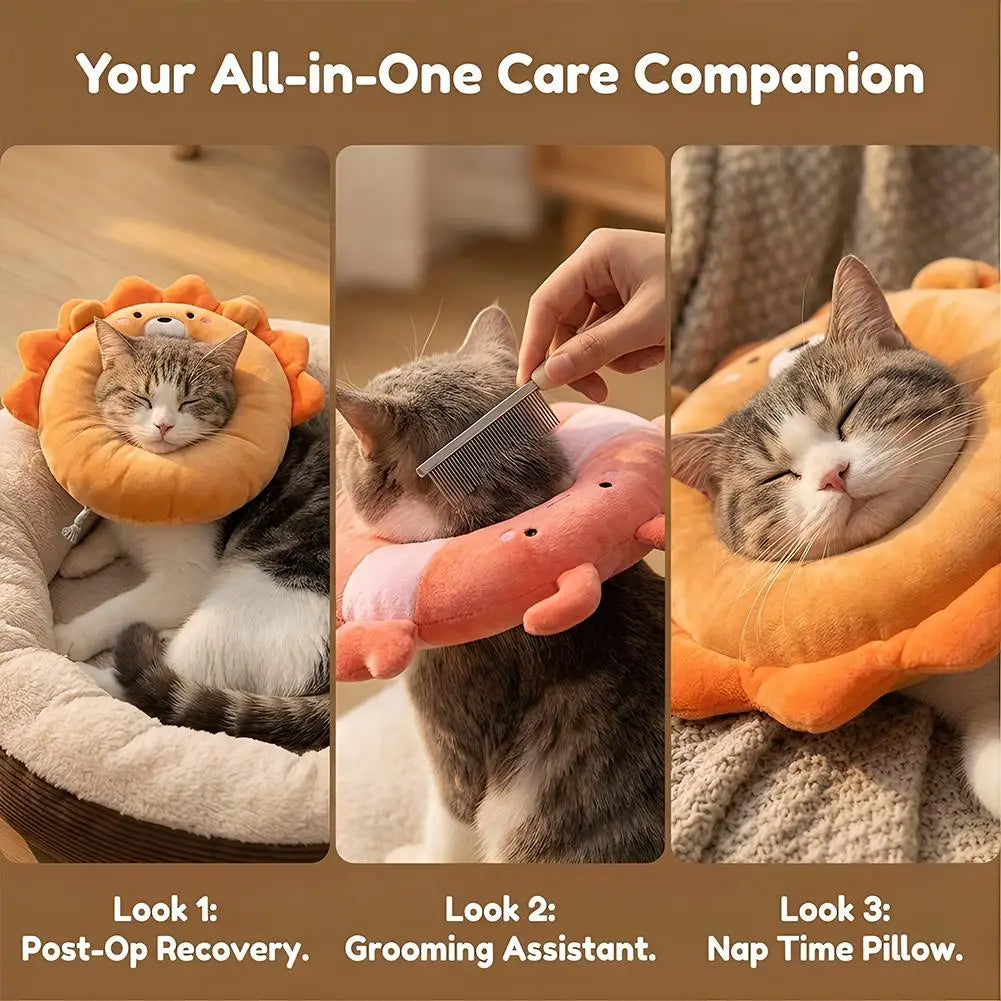 Soft Plush Pet Recovery Collar | Fun Crab & Lion Design