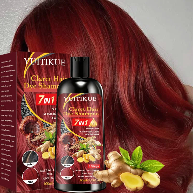 YUITIKUE 7 IN 1 Claret Hair Dye Shampoo Natural Ginger Herbal Moisturizing Long Lasting Hair Color Shampoo 100ml Peaceful Pleasures Health and Wellness