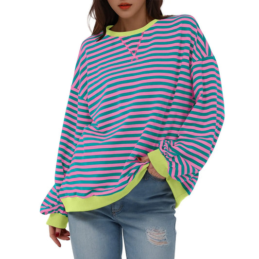 Women's Oversized Striped Long Sleeve T-Shirt | Korean Style Women's Long Sleeve Tee Peaceful Pleasures Health and Wellness Pink L