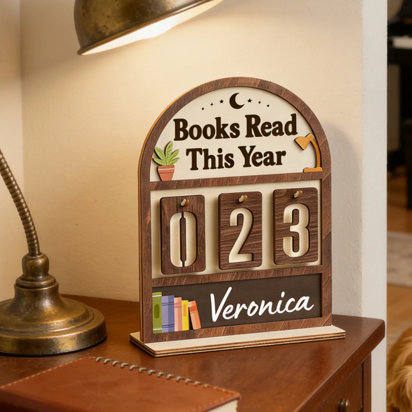 Wooden Book Counter Sign | Reading Goal Tracker Desk Decor Wooden Desk Ornament Peaceful Pleasures Health and Wellness