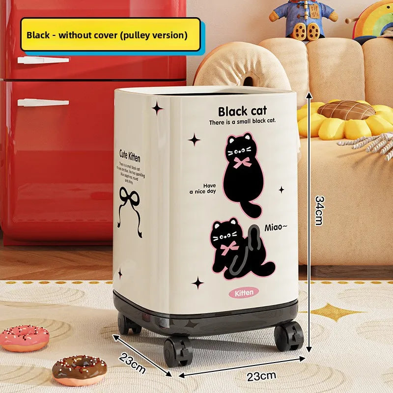 Adorable Waste Bin with Fun Pattern - Double Bucket Design, Anti-Stain & Oil-Resistant, Home Accessory Peaceful Pleasures Health and Wellness Wheels Cat