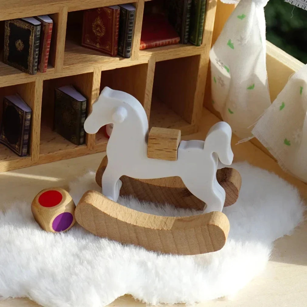 Mini Wooden Rocking Horse Figurine | Dollhouse Home Decor