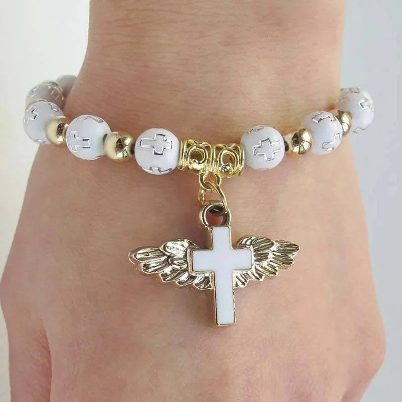 Angel Wing Cross Bracelet | Baptism & Communion Gift for Kids Religious Gift Bracelet Peaceful Pleasures Health and Wellness