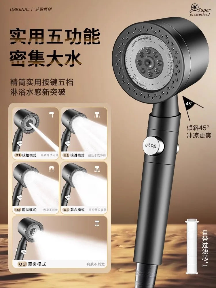 Black 9-in-1 High Pressure Shower Head | 6 Modes & Filter