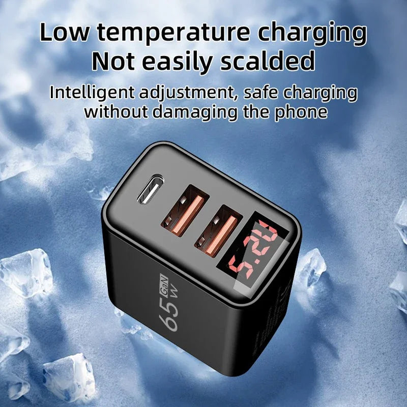 65W GaN USB-C Fast Charger 3-Port PD Quick Charge Display