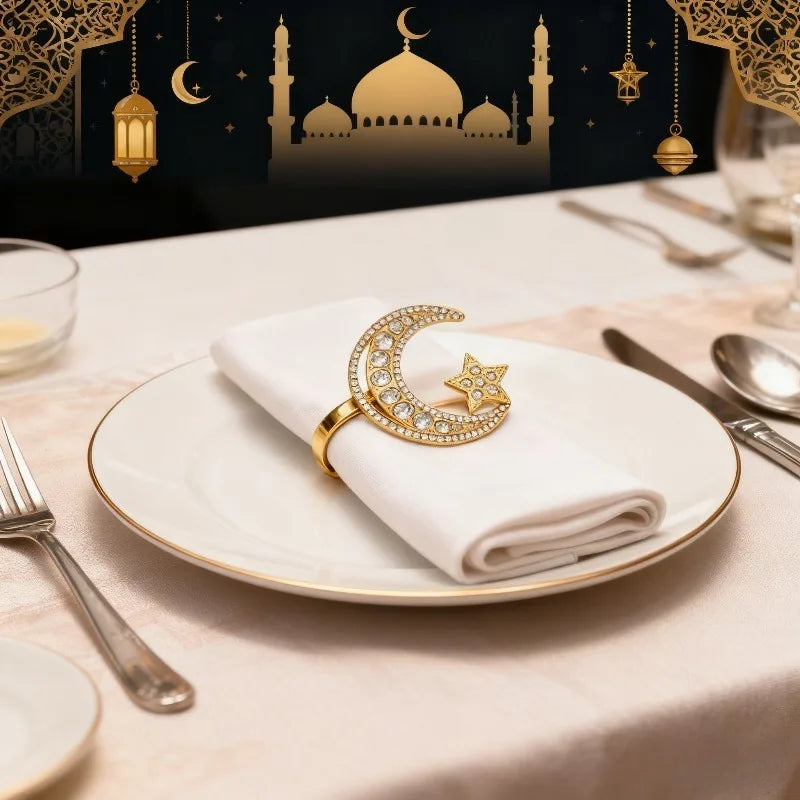 Gold Star Moon Napkin Rings Set | Ramadan Eid Holiday Tableware