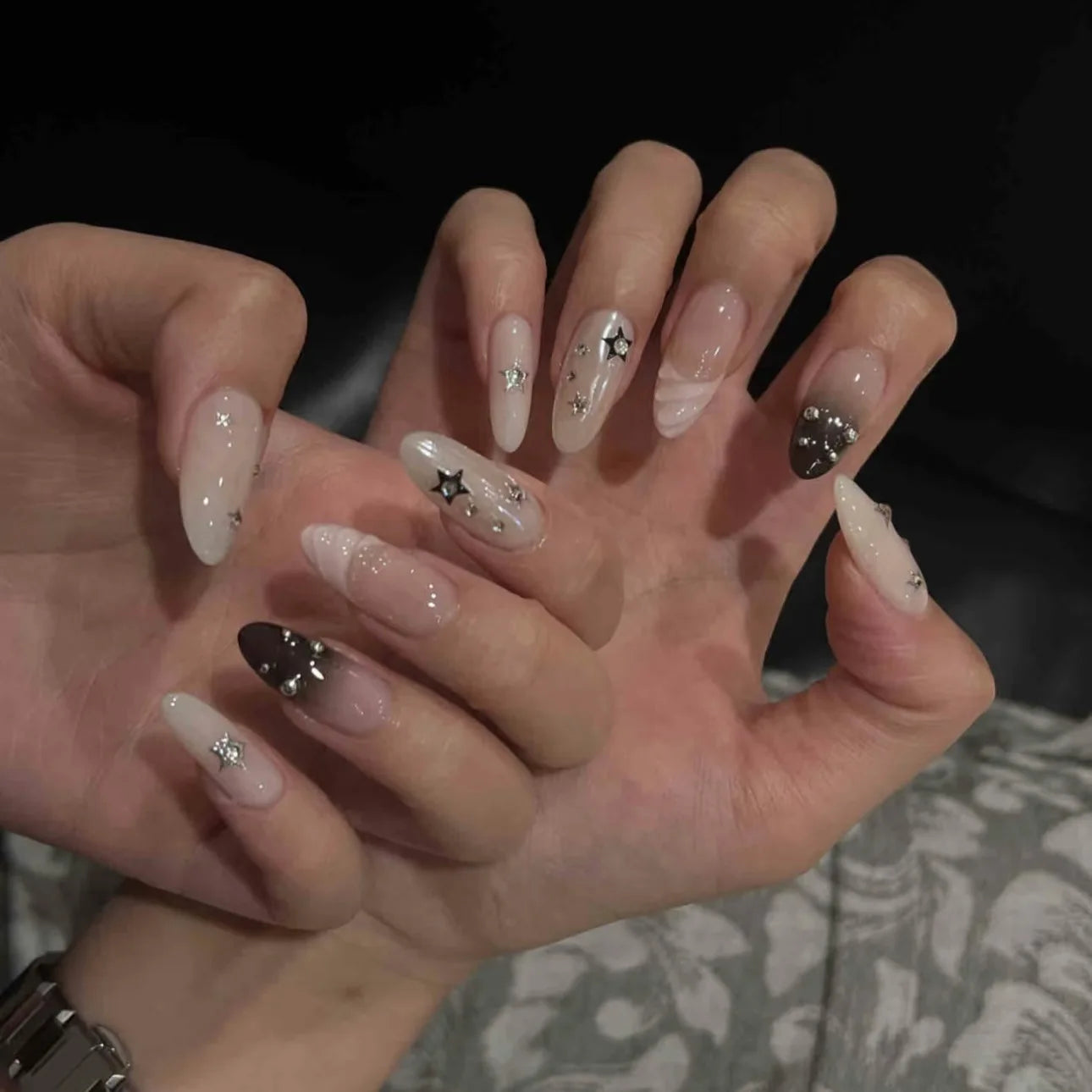 10pcs Handmade Korean Press on Nails Sweet Cool Star Pink White Fake Nail Tips Wearable Summer Night Sky Almond False Nails Peaceful Pleasures Health and Wellness