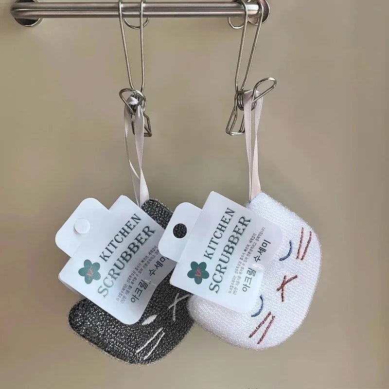 New Korean Style Cartoon Cat Kitchen Sponge Scouring Pad Set Thick Dishwashing Cloth Pot Brush Cleaning Wipe Rag for Household Peaceful Pleasures Health and Wellness