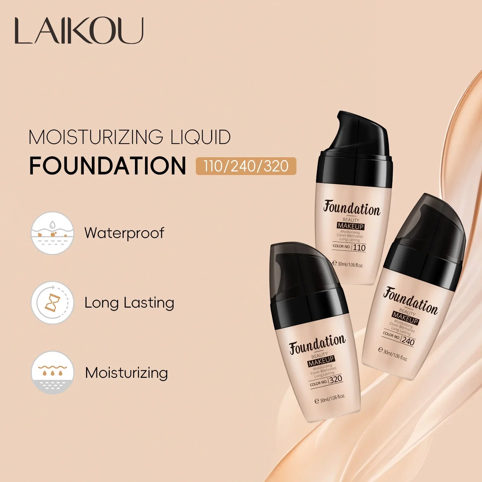 LAIKOU Liquid Foundation Full Coverage 30ml Peaceful Pleasures Health and Wellness
