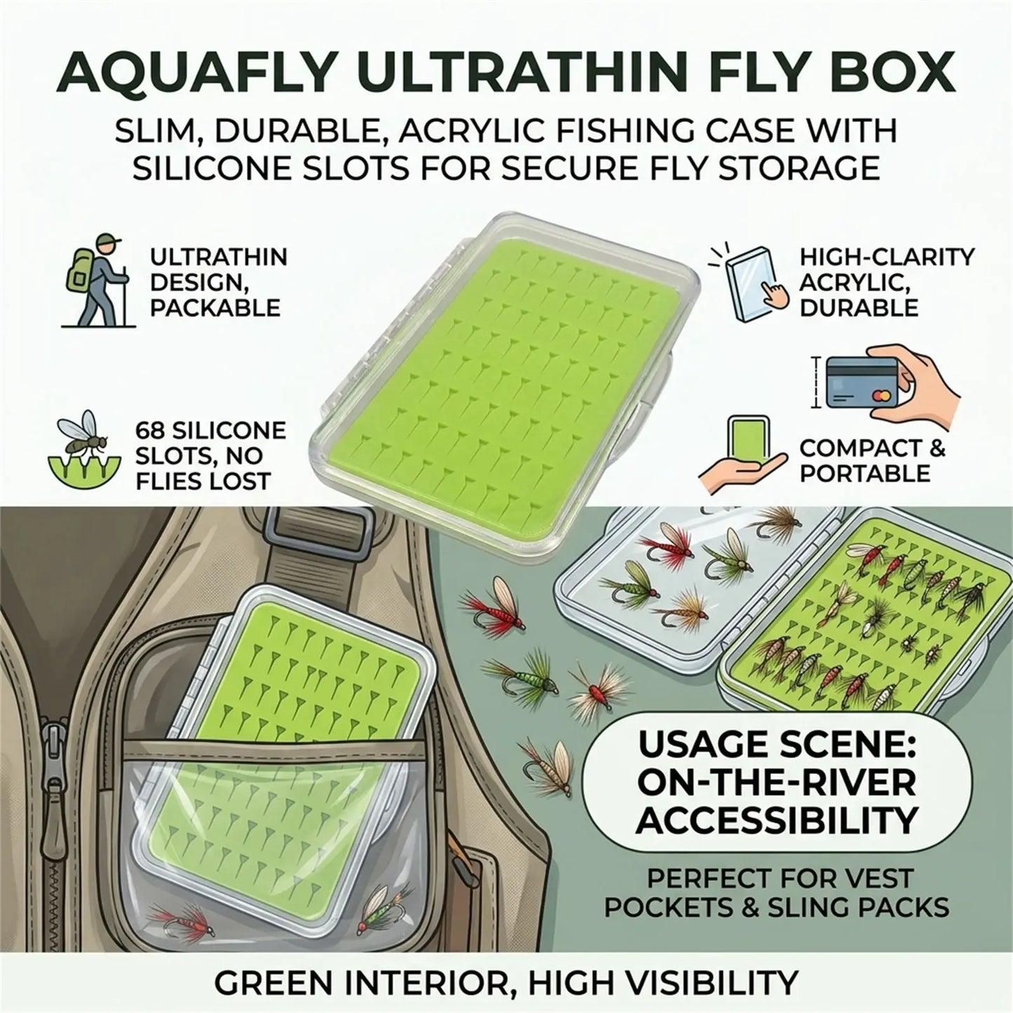Acrylic Fly Fishing Box With Silicone Slots Durable Green Compact Design For Outdoor Use Peaceful Pleasures Health and Wellness