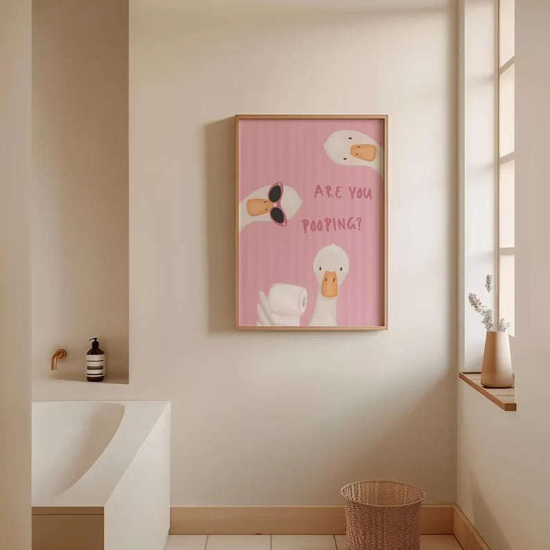 Cartoon Pink Striped Poop Goose Canvas Wall Art | Funny Decor
