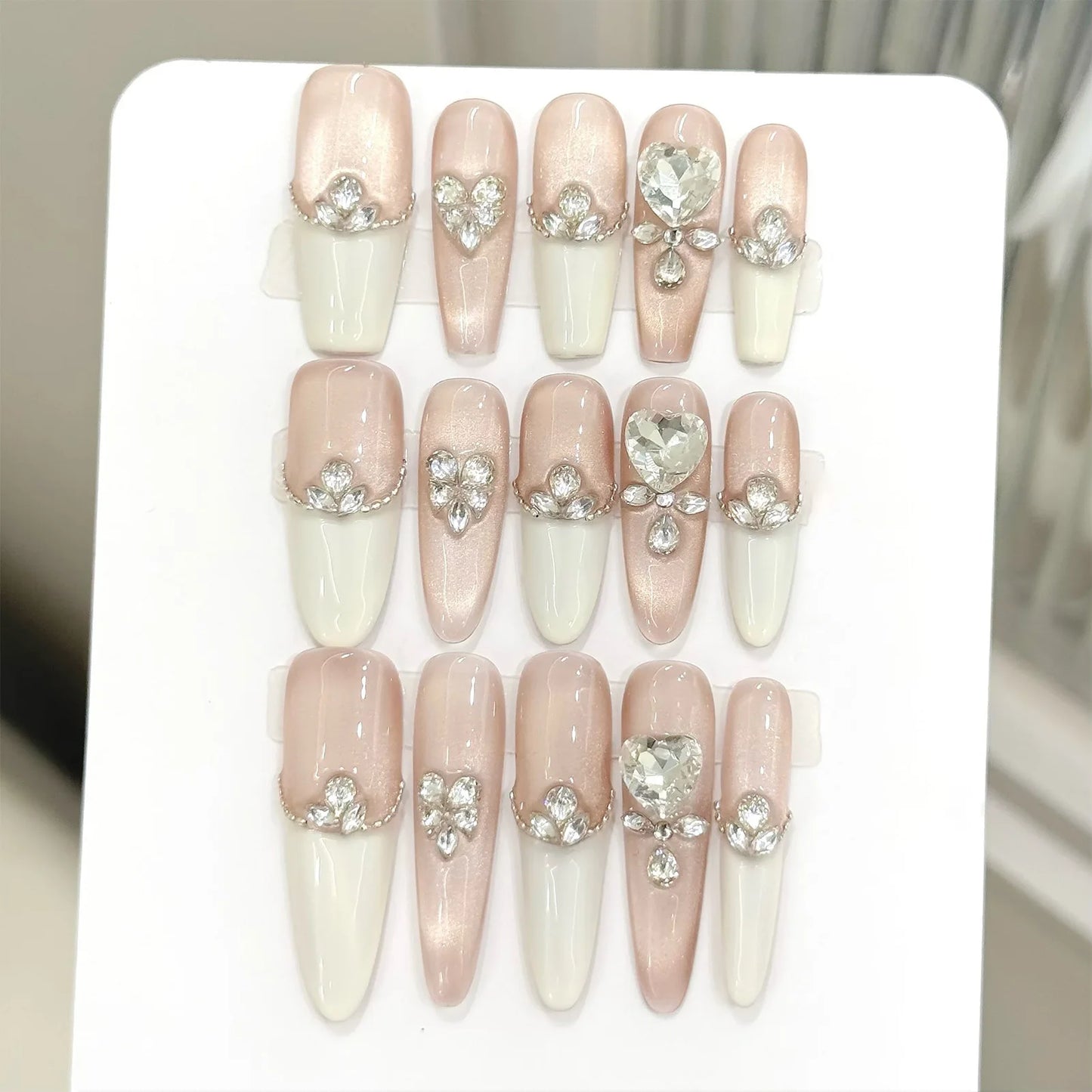 10pcs Handmade Light Luxury Press on Nails French Golden Cat's Eye False Nails Wearable Charming Love Diamond Decor Fake Nails Peaceful Pleasures Health and Wellness