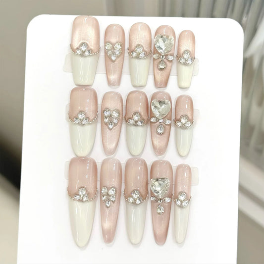 10pcs Handmade Light Luxury Press on Nails French Golden Cat's Eye False Nails Wearable Charming Love Diamond Decor Fake Nails Peaceful Pleasures Health and Wellness