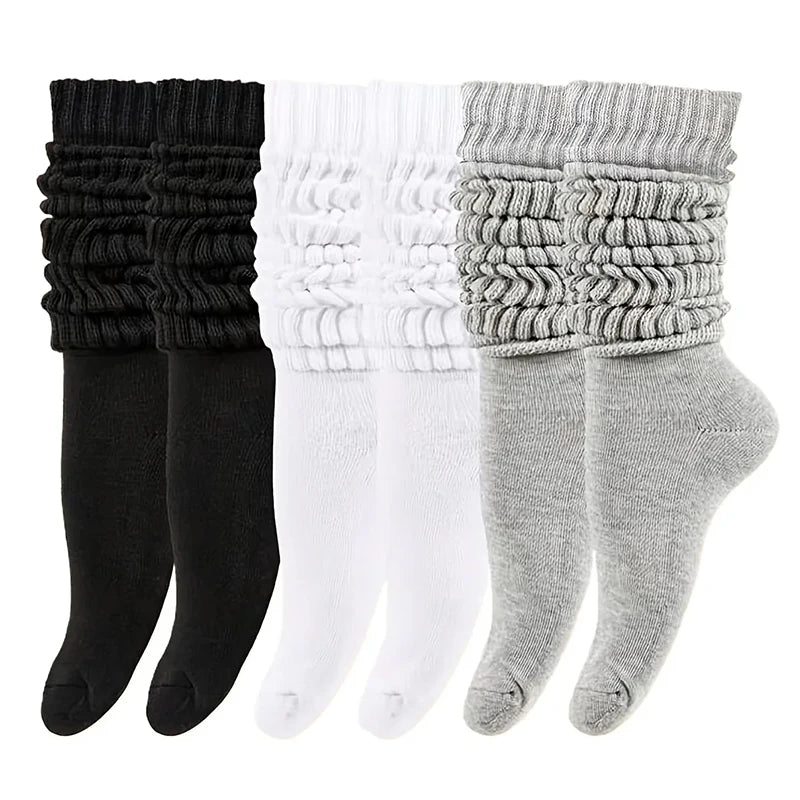 3 Pairs Women Pile Up Socks Fashionable Trendy Versatile White Solid Color Basic Socks Comfortable Breathable Mid Length Socks Peaceful Pleasures Health and Wellness