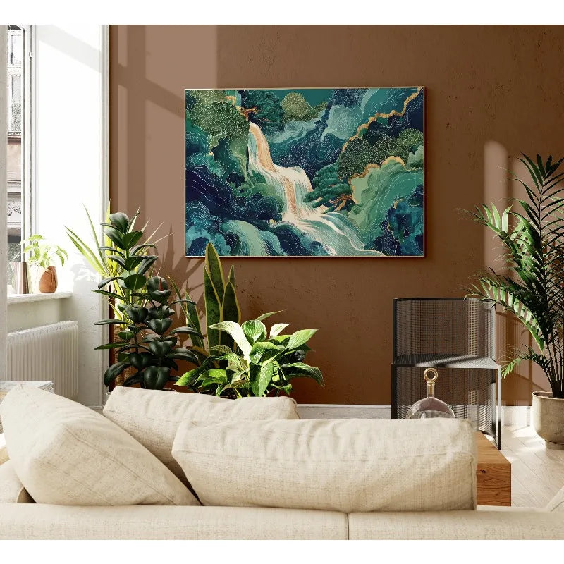 Hokusai Waterfall Oil Painting Print Japanese Ukiyo-e Blue Green Wall Art Modern Canvas Poster Living Room Bedroom Home Decor Peaceful Pleasures Health and Wellness