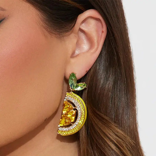 Rhinestone Lemon Dangle Earrings – Summer Beach Party Jewelry Dangle Earrings Peaceful Pleasures Health and Wellness