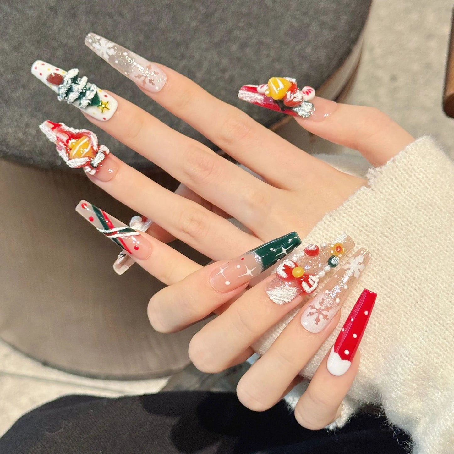 Christmas Press-On Nails | 3D Glitter Santa & Snowflake Set