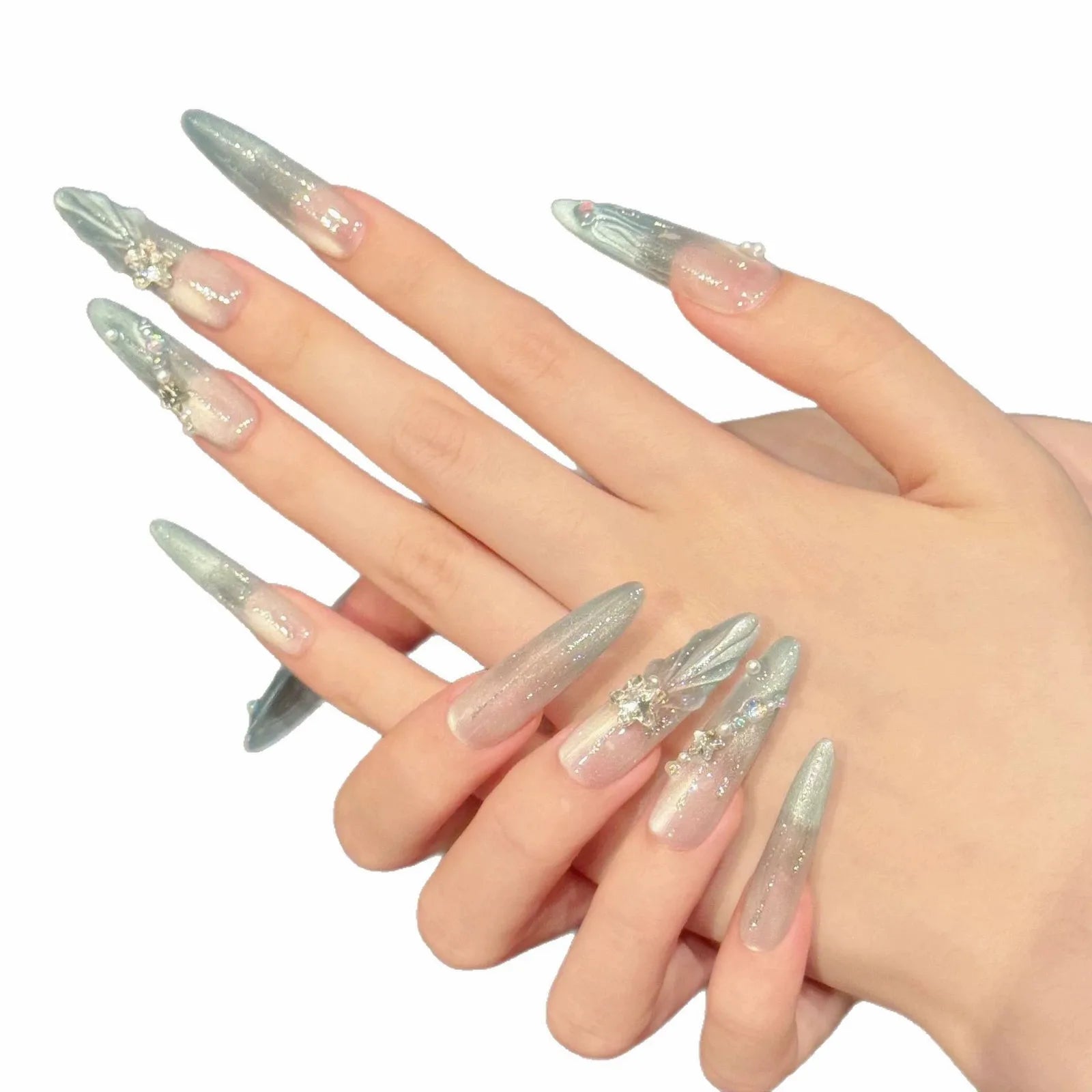 10pcs Handmade Blue Press on Nails Star Rhinestone Design Reusable Shiny Cat Eyes False Nails Round Head Fake Nail Tips Wearable Peaceful Pleasures Health and Wellness