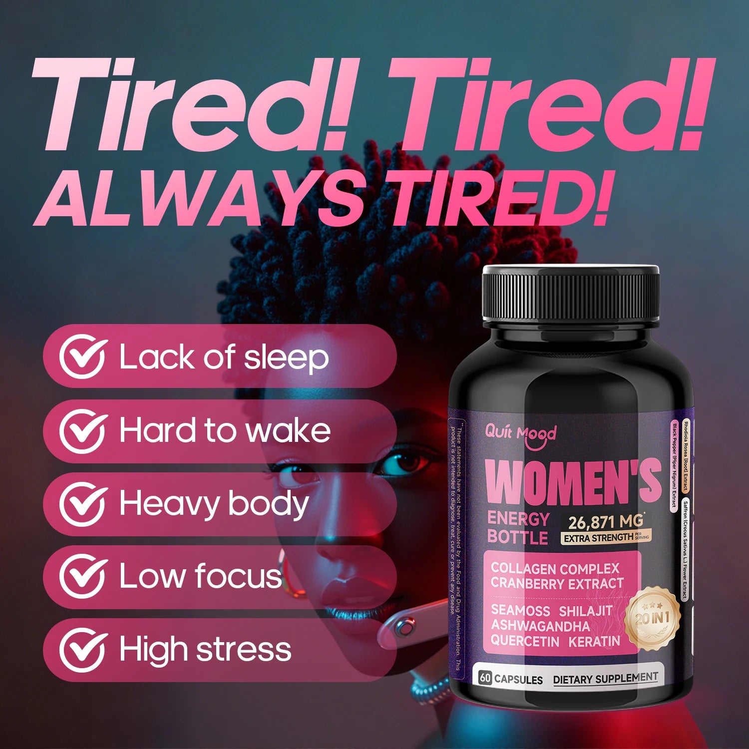 Quitmood Unleash Your Inner Power–Natural Energy for Women to Ignite Vitality, Focus & Stress (60 Capsules) Peaceful Pleasures Health and Wellness