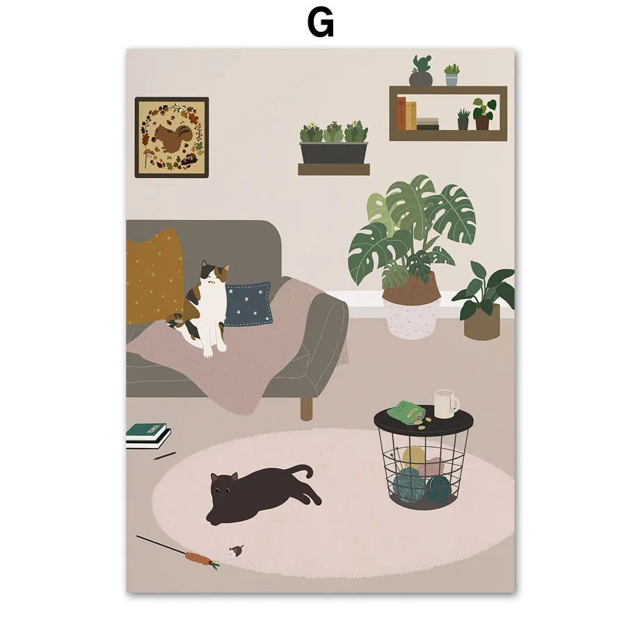 Boho Cat Canvas Wall Art | Cute Kitten Plant Neutral Print