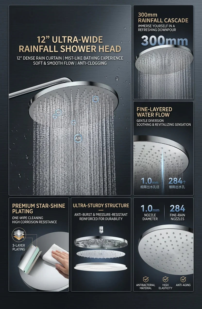 12-Inch Rainfall Shower Head – Air-Pressurized Water Saving Spa