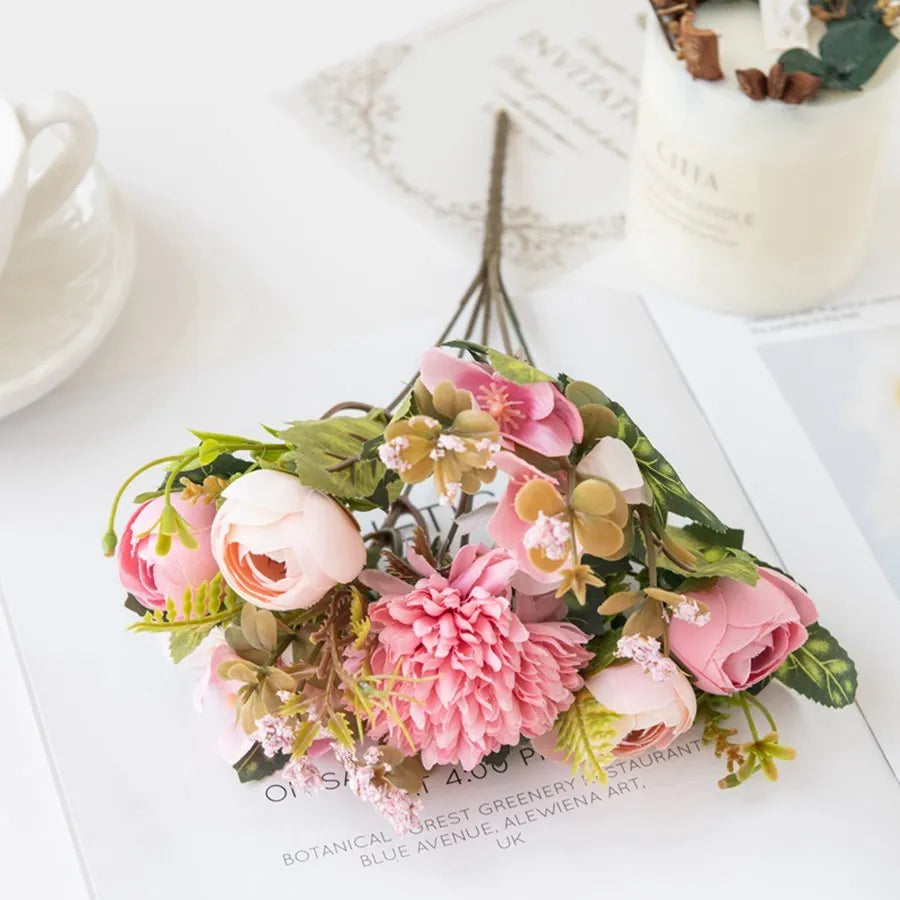 Silk Tea Rose Bud Bouquet | Artificial Flowers for Home & Wedding