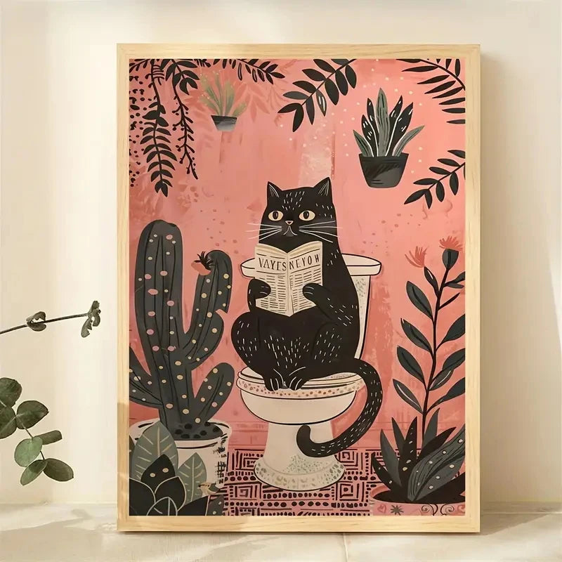 Black Cat Reading Newspaper Canvas Poster | Fun Wall Art