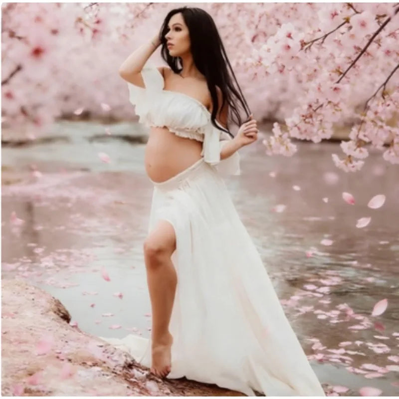 Maternity Photoshoot Dress 2 Piece Set - Off The Shoulder Chiffon Gown with High Slit, Elastic Strapless Nursing Top,Baby Shower Peaceful Pleasures Health and Wellness