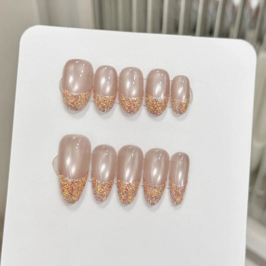 Glitter Cat Eye Press On Nails | Short French Diamond Tips 10pc Press-On Nails Peaceful Pleasures Health and Wellness