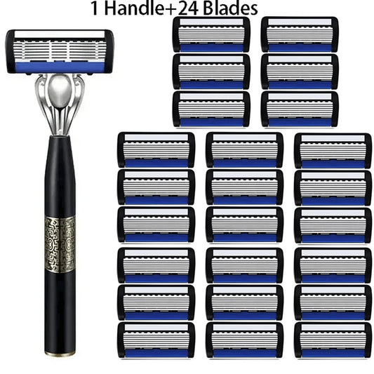 6-Layer Stainless Steel Manual Beard Razor with Guard & Holder Manual Beard Razor Peaceful Pleasures Health and Wellness 1Handle and 24Blades