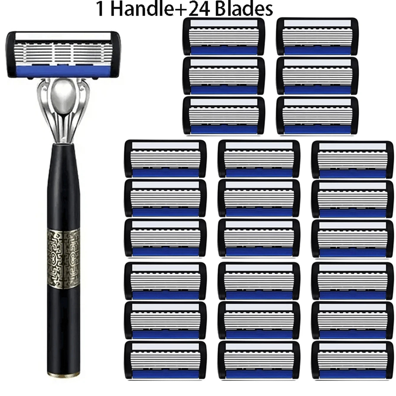 Washable Metal Ordinary Beard And Beard 6-layer Manual Men's Razor Stainless Steel Blade Hand Guard Metal Razor Holder Peaceful Pleasures Health and Wellness 1Handle and 24Blades