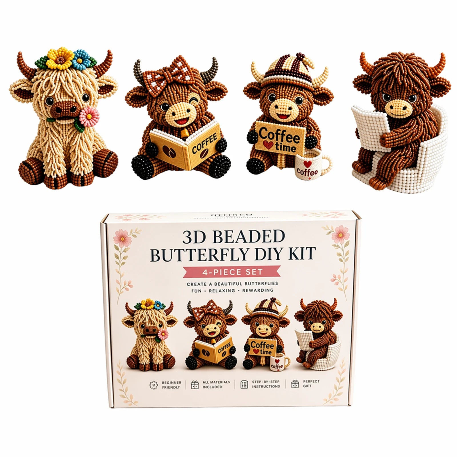 3D DIY Beaded Animal DIY Kit 4PCS Cute Highland Cow Beading Craft Set Animal Beading Kit Gift for Beginners & Craft Enthusiasts Peaceful Pleasures Health and Wellness