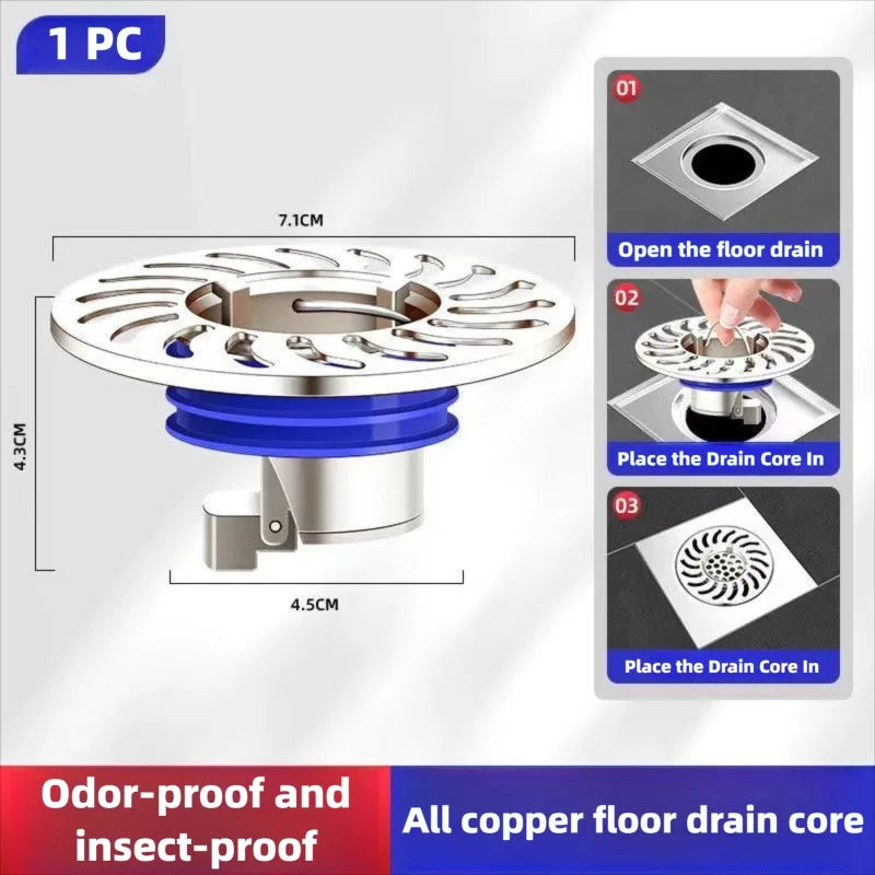 Floor Drain All-copper Shower Floor Drain Stopper Insectproof Anti-odor Deodorization Toilet Kitchen Bathroom Toilet Sewer Drain Peaceful Pleasures Health and Wellness Silver