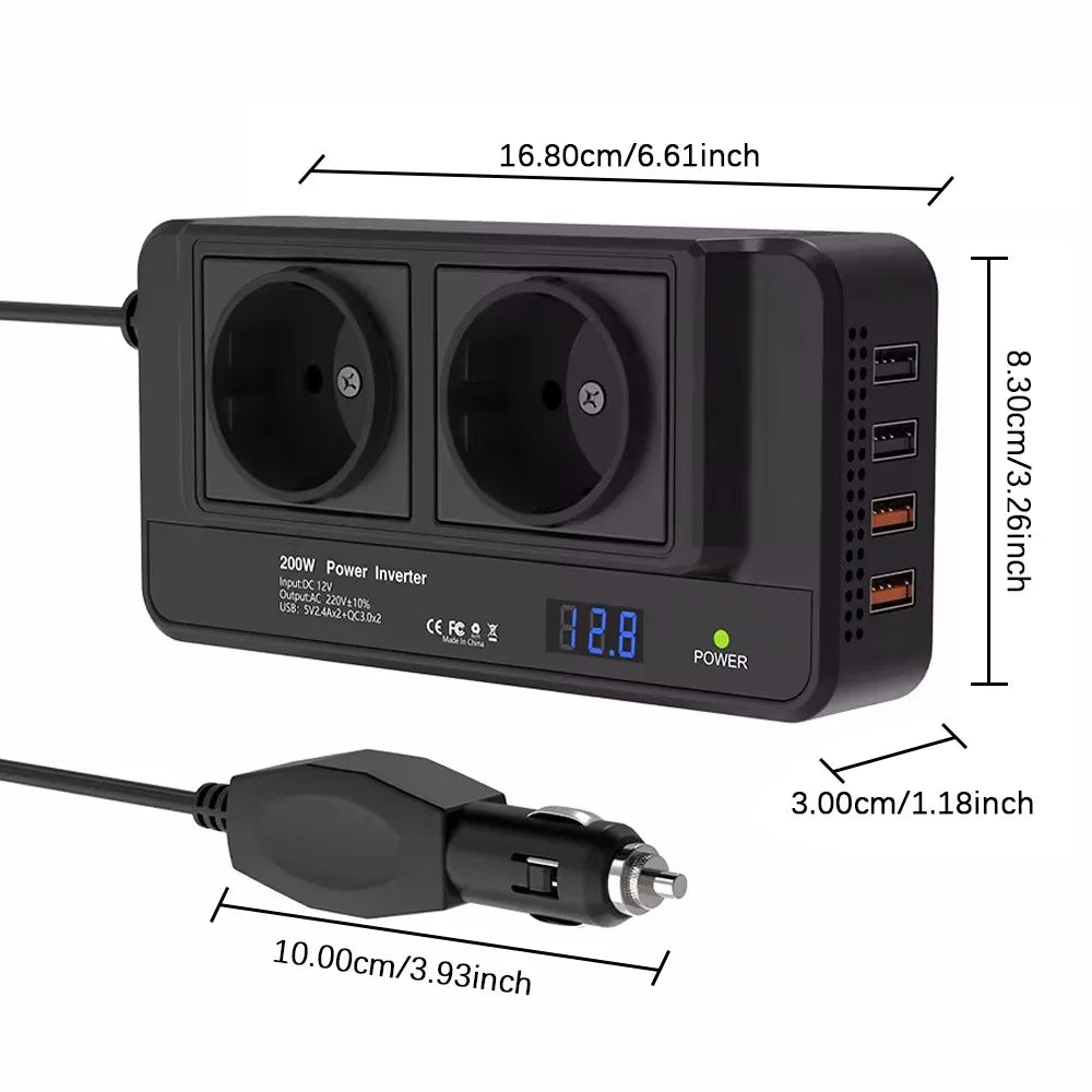 200W Peak Car Power Inverter DC 12V to 220V AC Cigarette Lighter With 4 USB Ports EU Socket Auto Power Accessories Peaceful Pleasures Health and Wellness