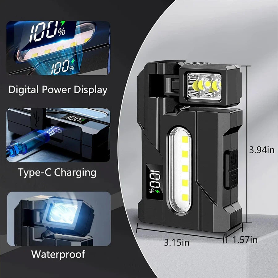 LED EDC Flashlight USB-C Rechargeable Rotating Head Magnetic Torch