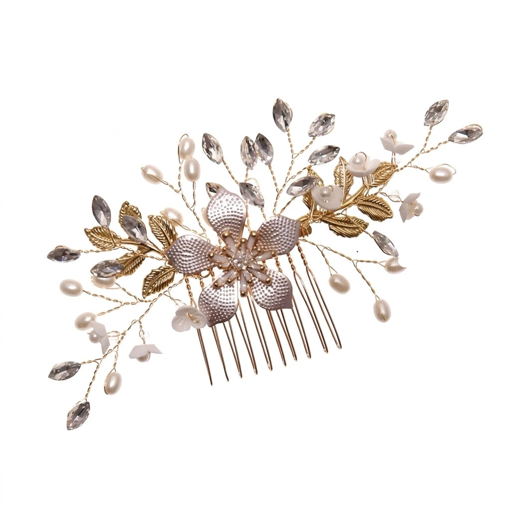Bridal Flower Pearl Hair Comb Elegant Side Bun Wedding Accessory Peaceful Pleasures Health and Wellness Ivory white