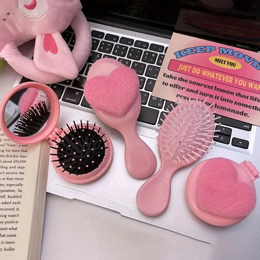 Plush Heart Mini Hair Brush & Mirror Set – Portable Pink Mini Hair Brush Set Oasis Select