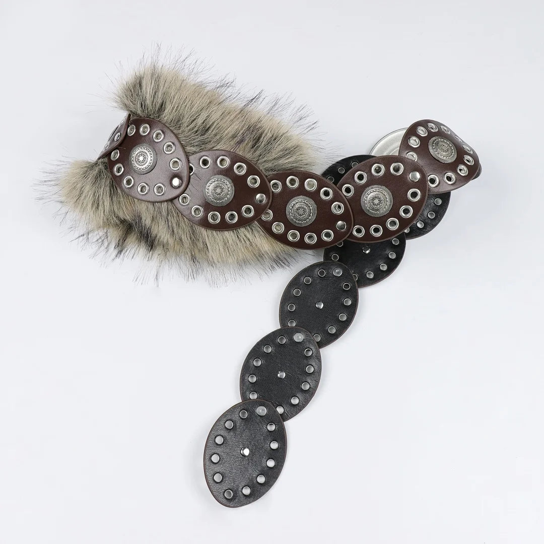 UYEE Punk PU Studded Fur Belt Y2K Vintage Faux Waistband Metal Plush